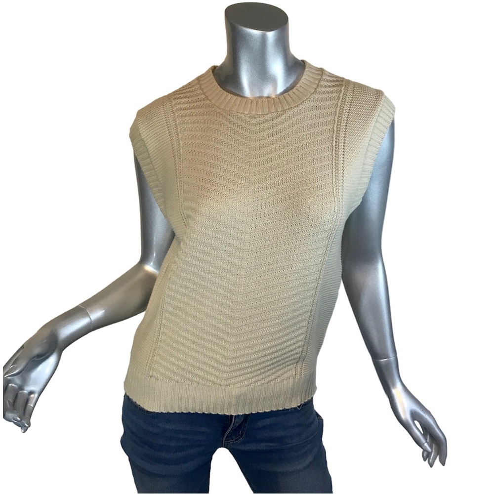 Vintage Jessica Scott Sweater Vest Beige Tan Chevron Knit Cap Sleeve Sleeveless